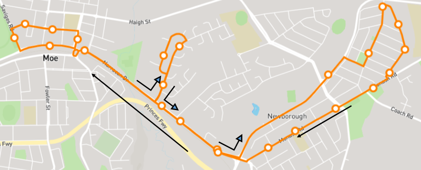 Moe Route 15 map with arrows annotating the route loop direction.