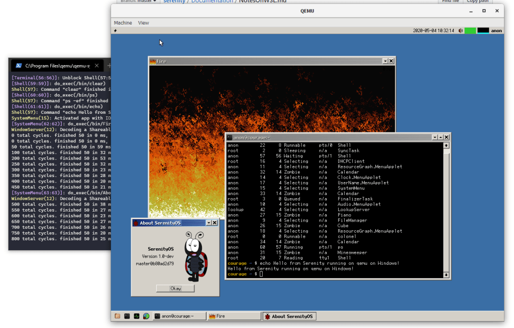 Screenshot of Serenity running on QEMU on Windows